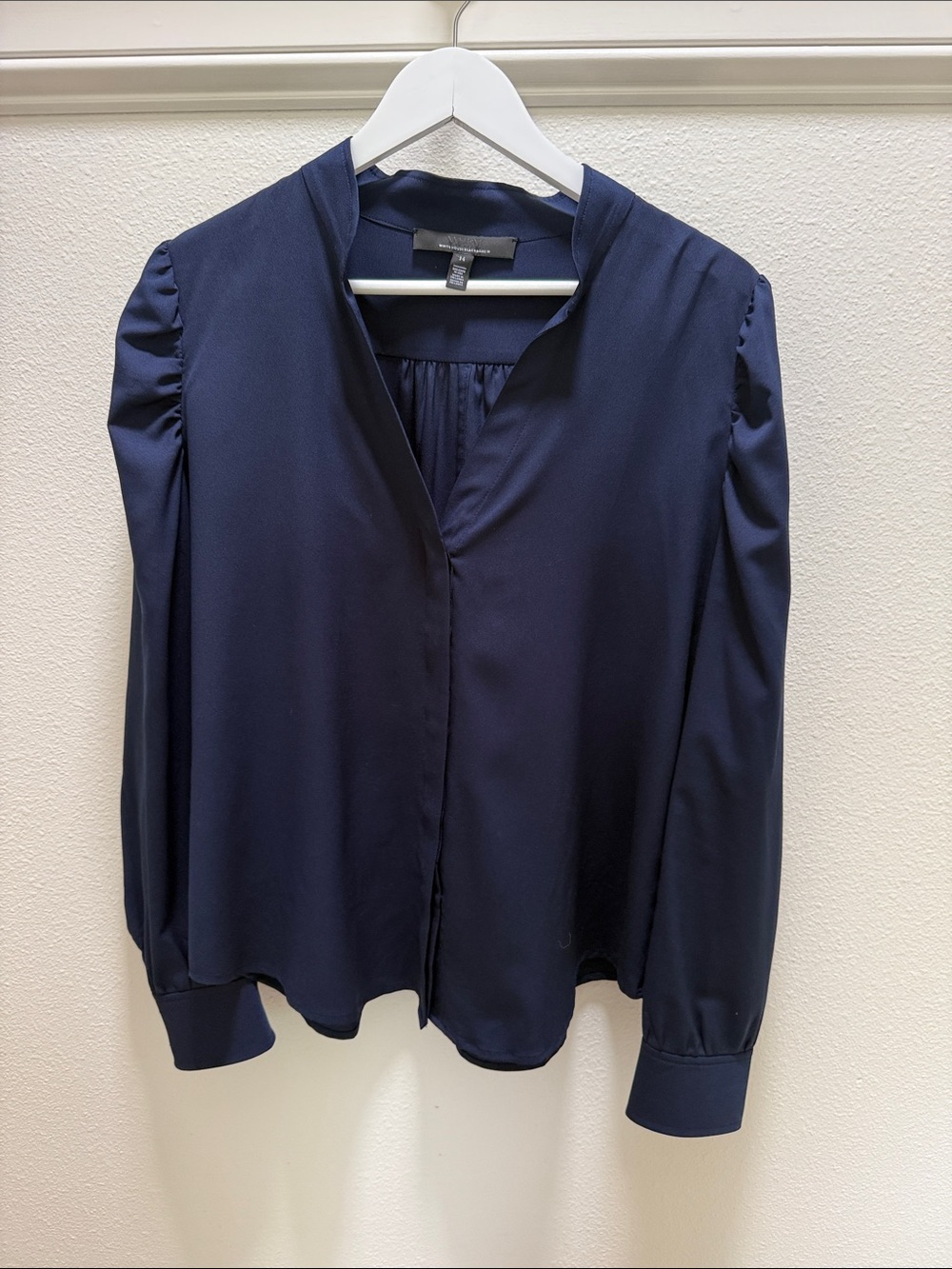White House Black Market Dark Navy Split-Neck Long Sleeve Blouse